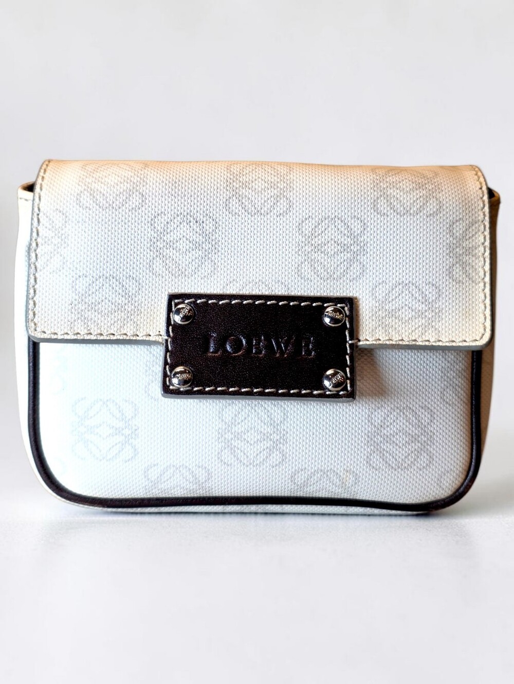 Loewe Anagram White Canvas Belt Bag Pouch with Black Leather Plaque